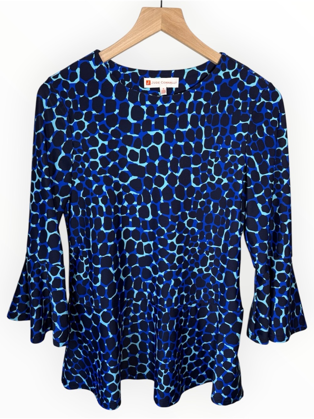 Jude Connally Blue Leopard Blouse Top 3/4 Bell Sleeve Size Small Round Neck